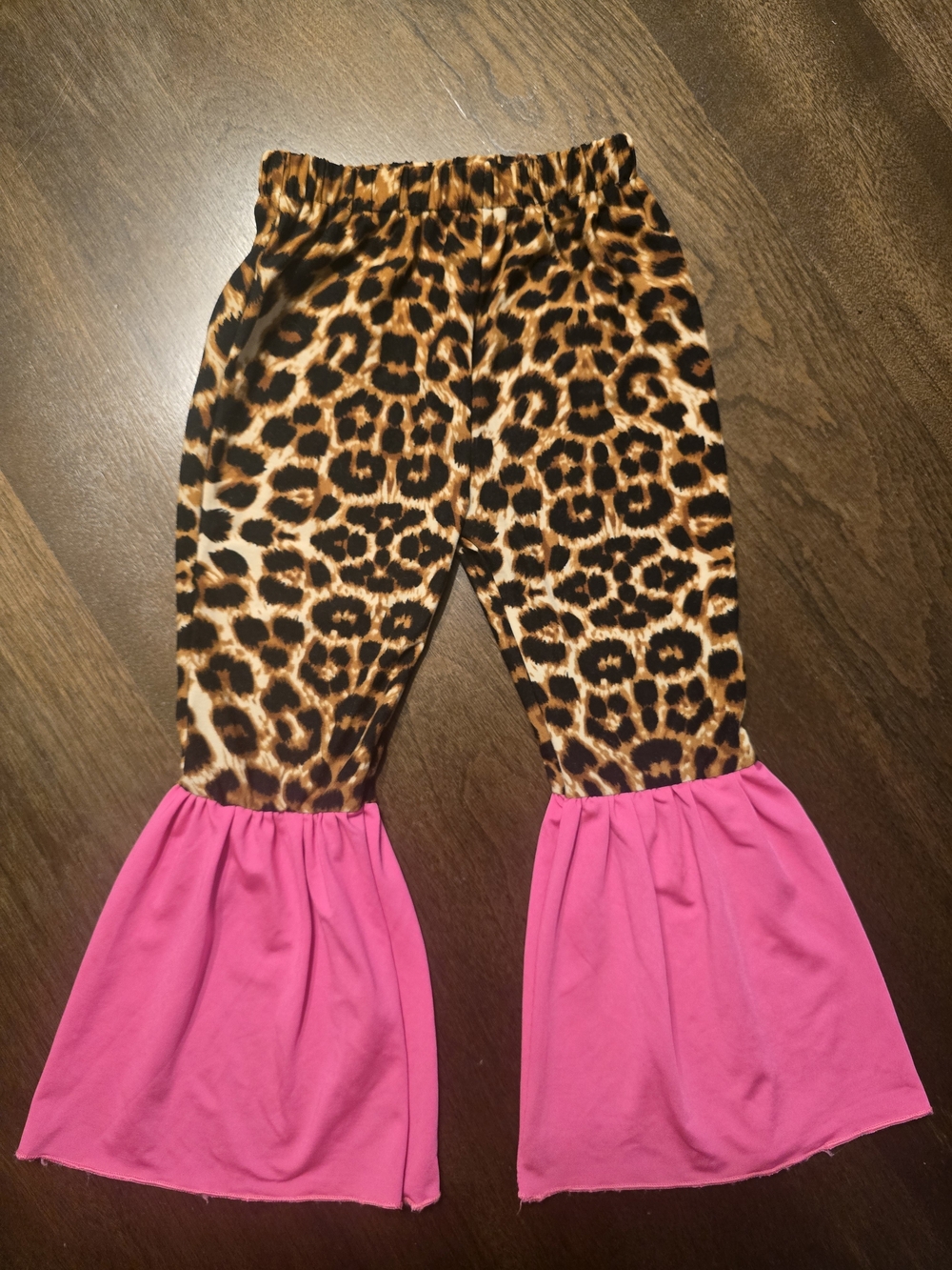 Kids Leopard Print Bell Bottoms with Pink Ruffle Hem